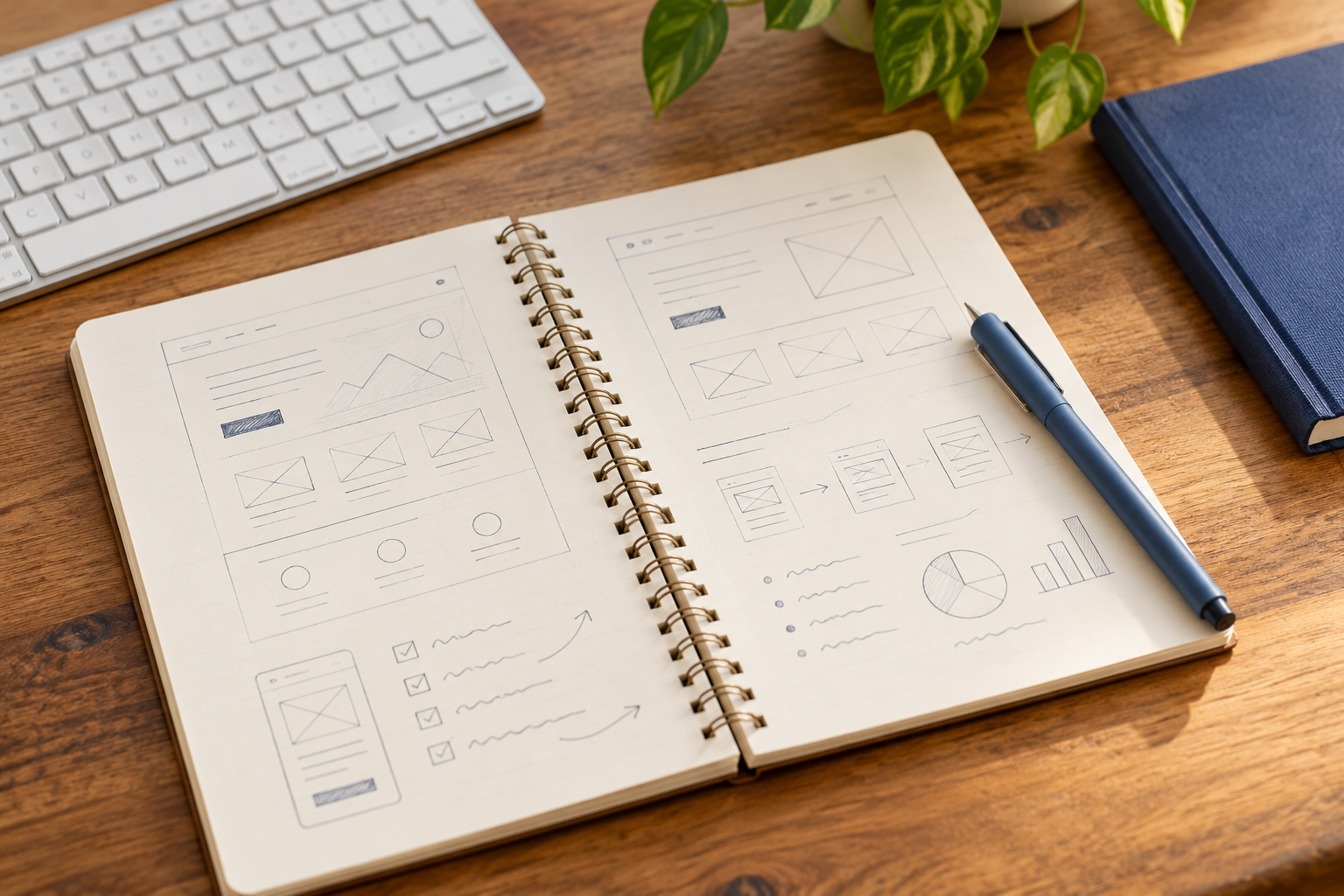 Creative desk with notebook and pen