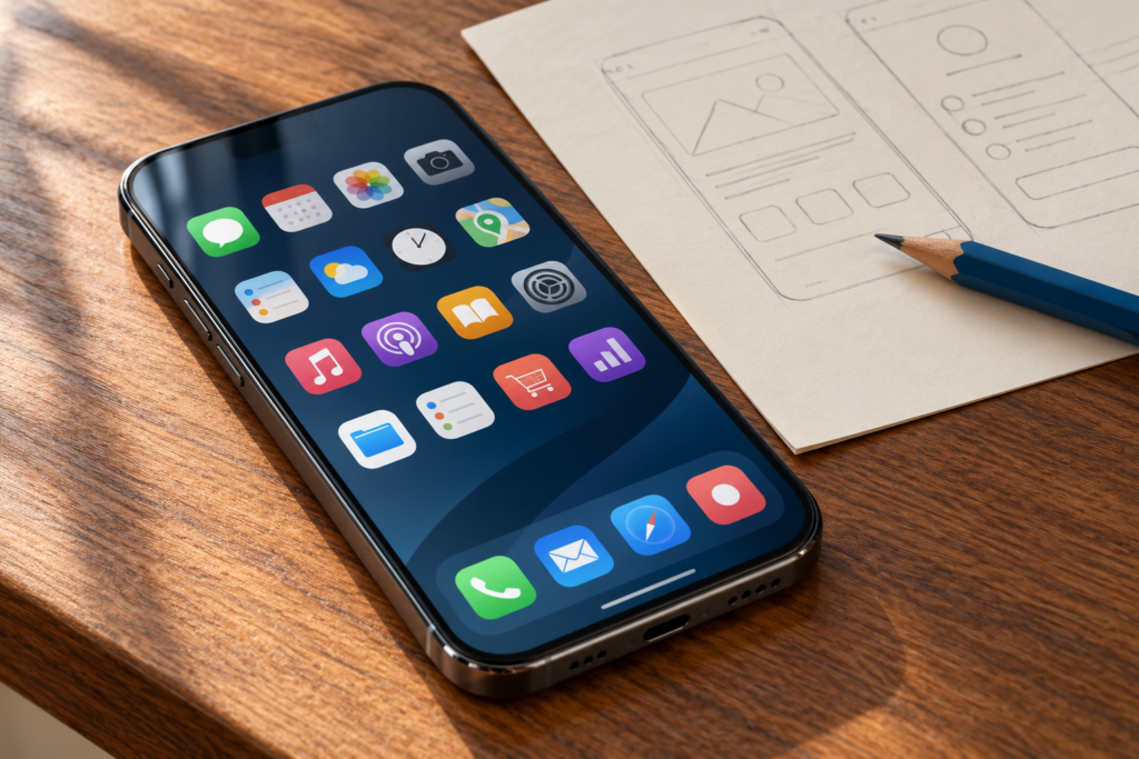 Smartphone App Design on Walnut Desk Smartphone App Design
